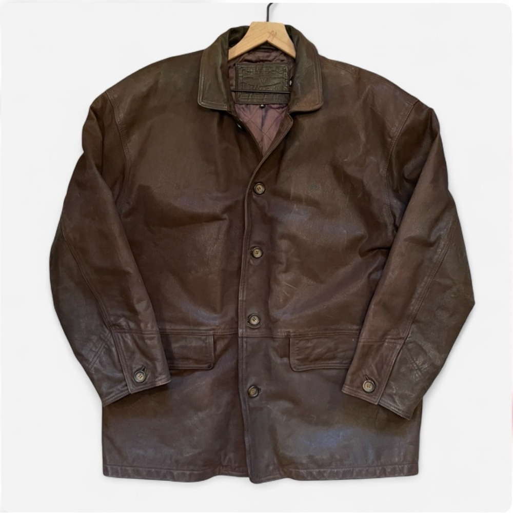 90’s GUESS USA Genuine Leather Chocolate Brown Heavyweight Mens Coat Size XL